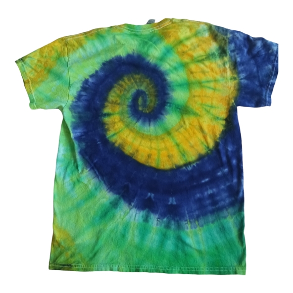 Tie Dye Mens Medium T-Shirt Spiral Kelly Green, Daffodil and Houdini Blue - Picture 2 of 3